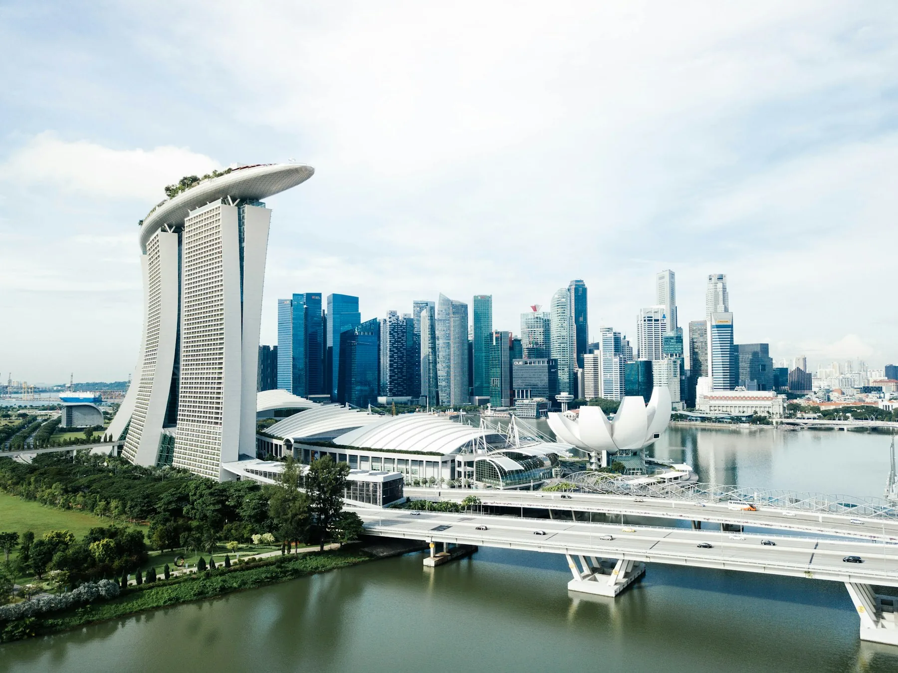 Singapore's waterfront skyline at dusk